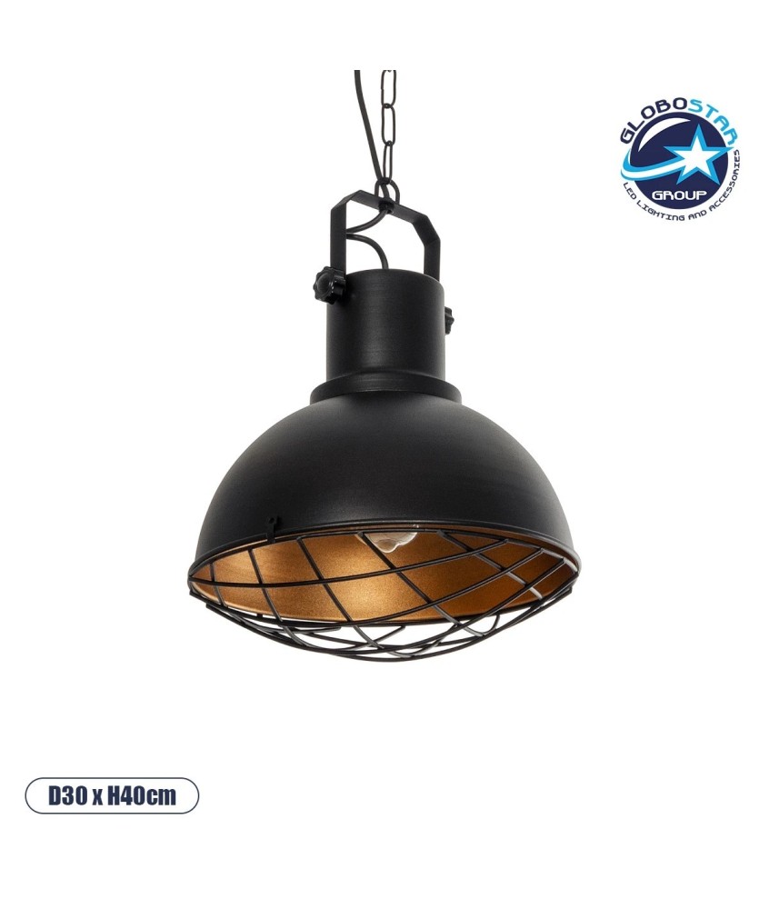 GLOBOSTAR® SIERRA 203-0011 Vintage Κρεμαστό Φωτιστικό Οροφής με Ντουί 1 x E27 AC 220-240V IP20 - Μαύρο & Χρυσό - Μ30 x Π30 x Υ40cm